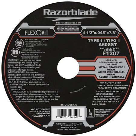 FLEXOVIT Razorblade Long Life Cut-Off Wheel, 4-1/2 in Dia x 0.045 in THK, 7/8 in Center Hole, 60 Grit, Alumin F1207